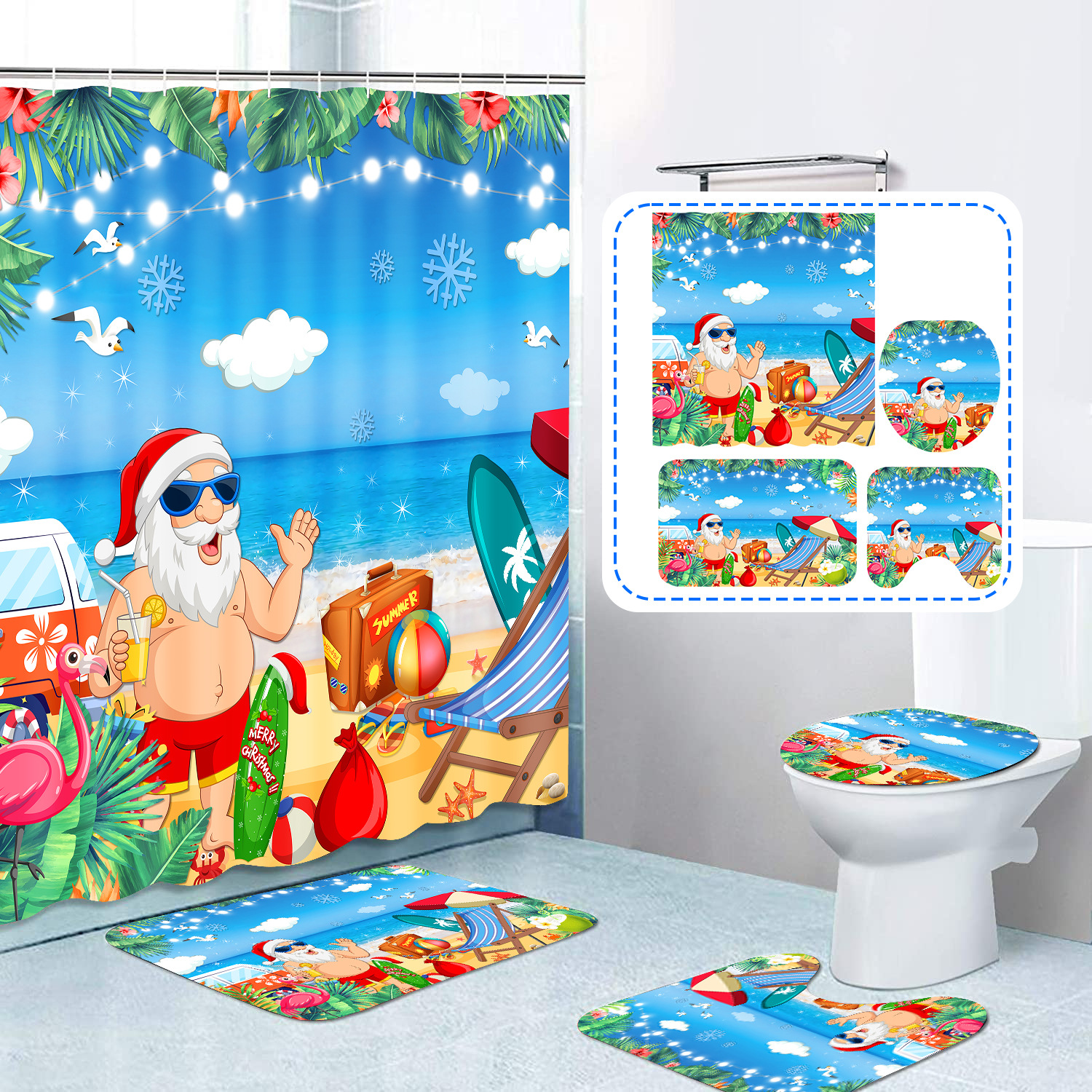 Amazon Christmas Shower Curtain July Christmas Hawaiian Waterproof Shower Curtain Digital Printing Shower Curtain Four-Piece Set