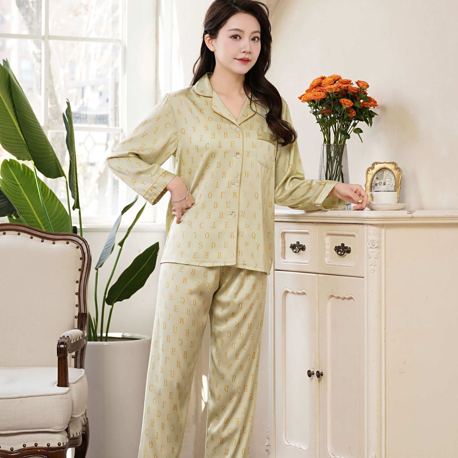 缎面雪纺丝绸睡衣女开衫春夏薄款清新冰丝长袖家居服套装秋季批发