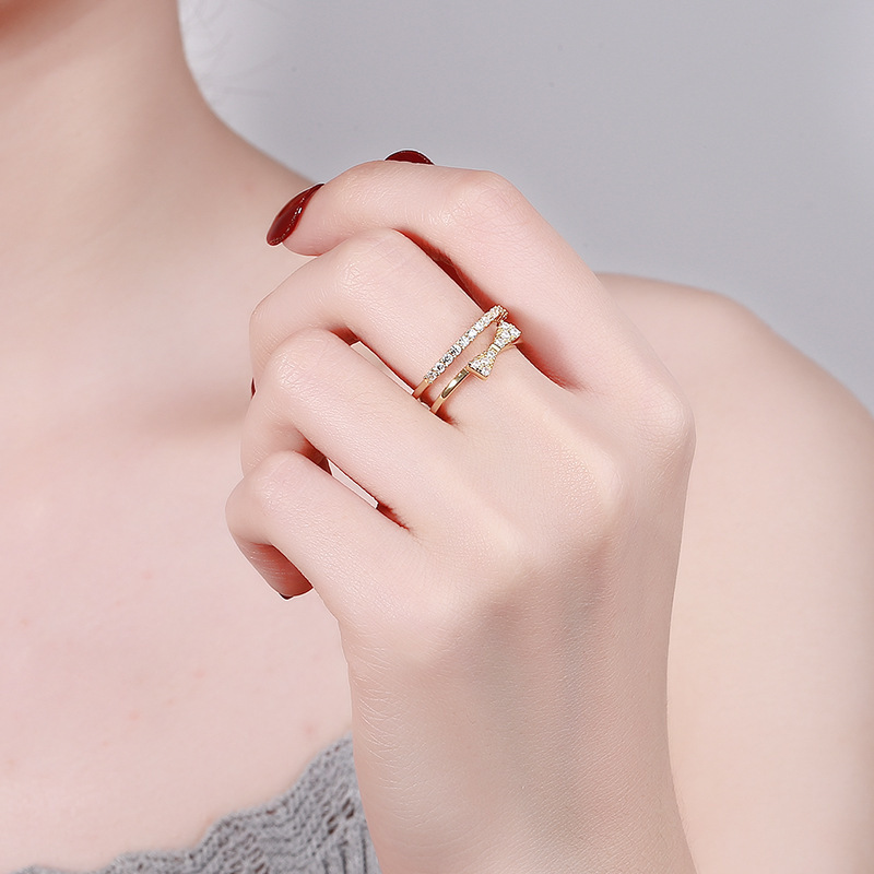 2021简约气质戒指女蝴蝶结锆石食指戒韩版时尚个性开口可调节指环