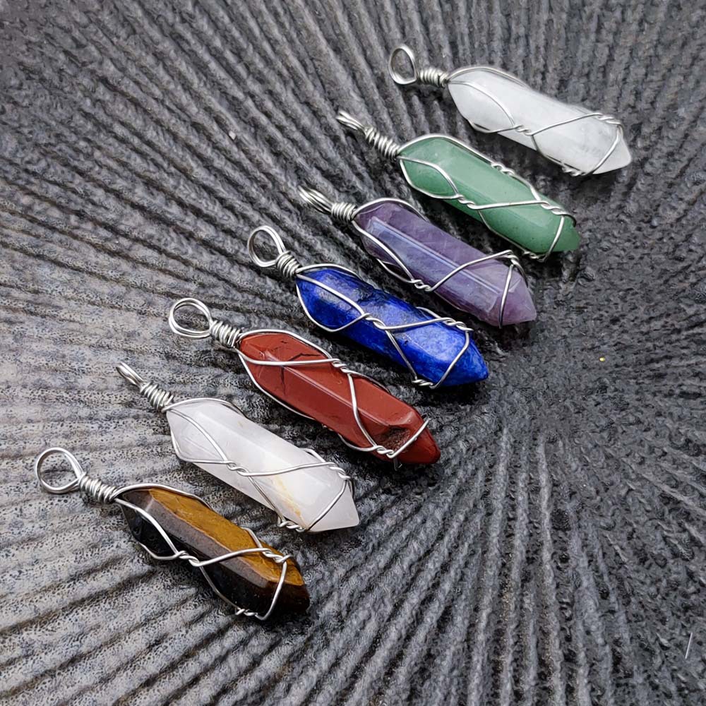 Natural Stone Winding Amethyst Blue Gold Hexagon Prism Pendant Natural Raw Gemstone Winding Necklace DIY Handmade Ornament