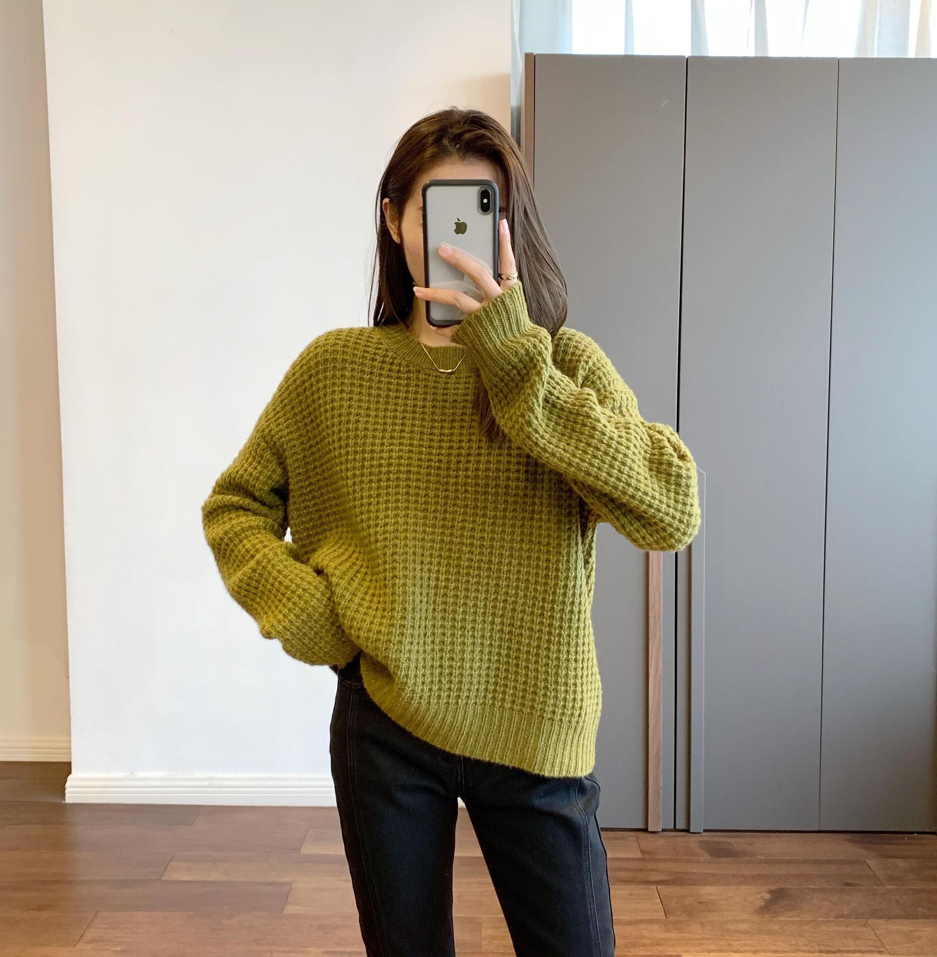 轻奢高克重软糯羊毛羊绒篙级华夫格编织圆领针织衫毛衣冬女a12076