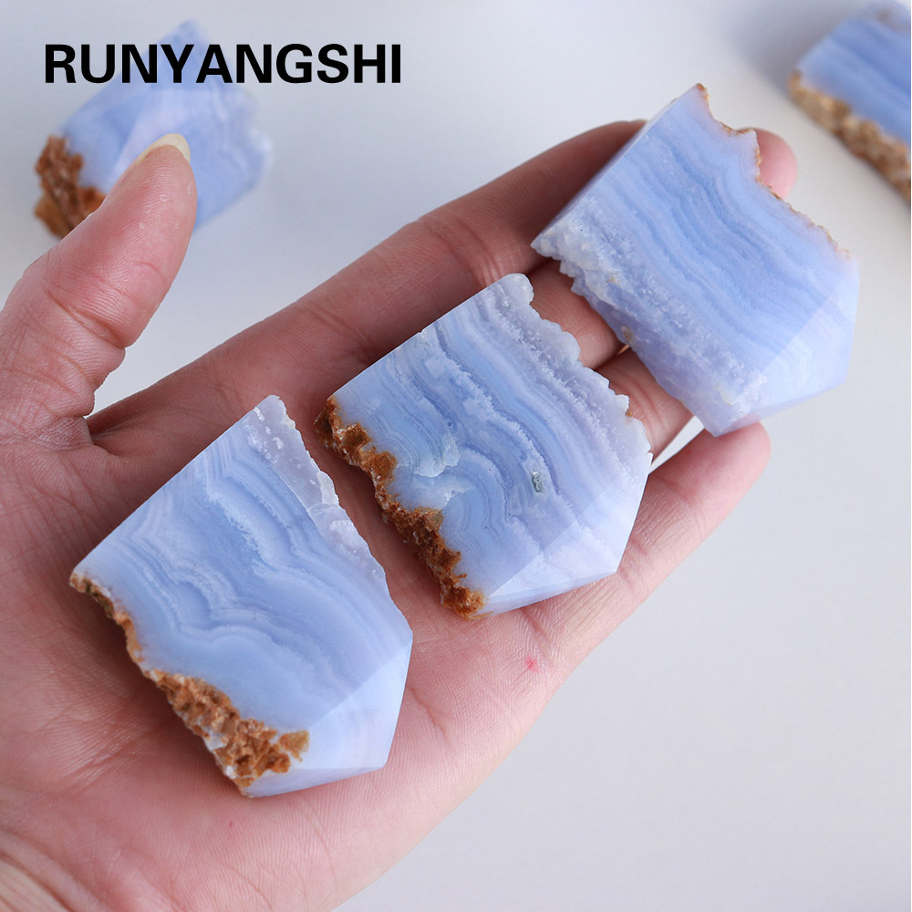 天然蓝纹玉髓玛瑙原石切片能量宝石装饰不规则薄石片装饰摆件