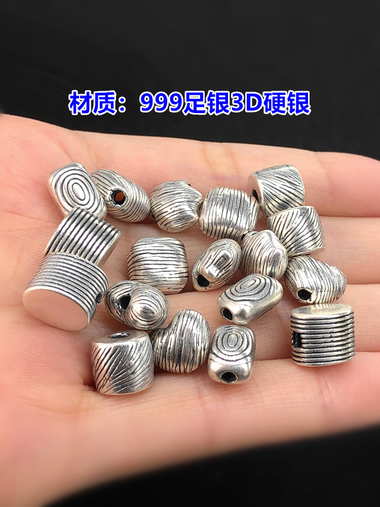 S999 Pure Silver Retro Stripesd Brushed Threaded Beads Crystal Bracelet Braided Bracelet Necklace Handmade DIY Accessories