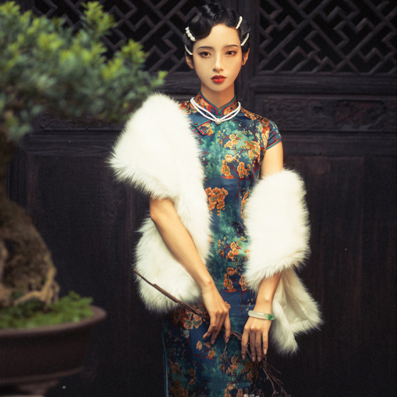 搭配旗袍披肩加厚保暖毛披肩加长仿水貂毛仿貂绒披肩写真旗袍披肩