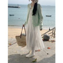 韩系早春穿搭三亚旅游拍照吊带裙女海边度假连衣裙花边重工沙滩裙