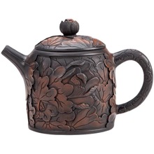 新款紫陶手工茶具满浮雕荷花复古泡茶器中式陶壶茶壶礼盒包装