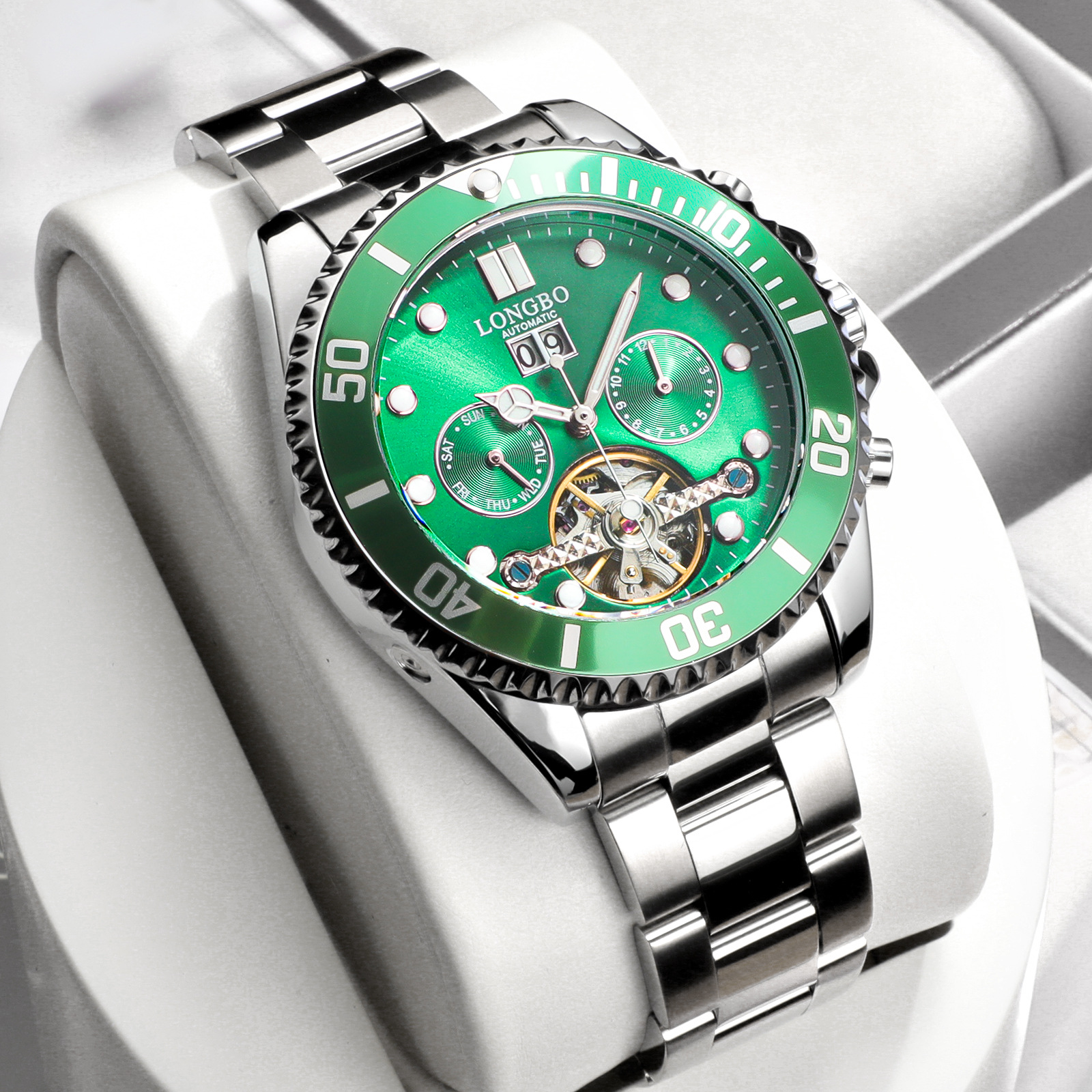 longbo龙波男士商务手表全自动镂空透底机械表防水机械男士水鬼腕