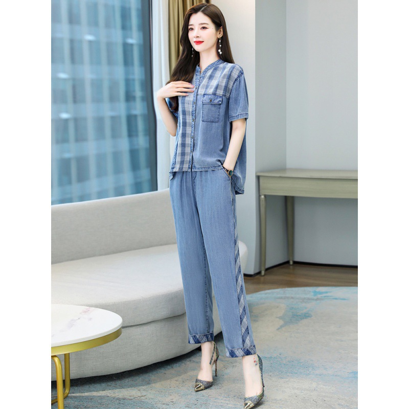 天丝牛仔套装女夏2022夏装新款女装时尚减龄气质格子两件套遮肚子