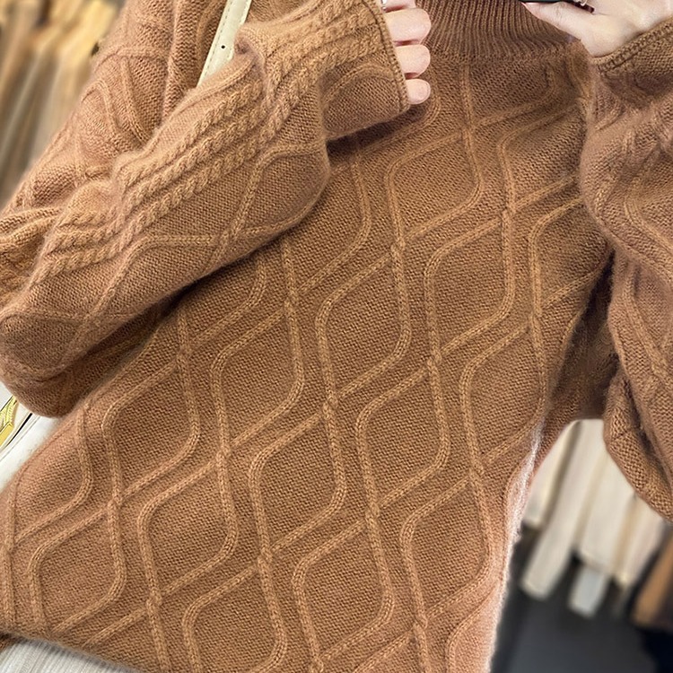 纯羊毛针织加厚高领羊毛衫女菱格羊绒毛衣慵懒宽松针织长袖毛衫