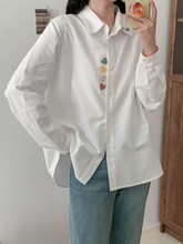 韩版新款 门襟爱心刺绣  白色女士开衫衬衫长袖上衣批发