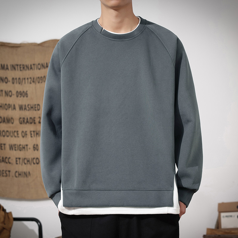 瀚派加绒圆领卫衣男秋冬新款宽松潮牌纯色假两件重磅加厚男生上衣