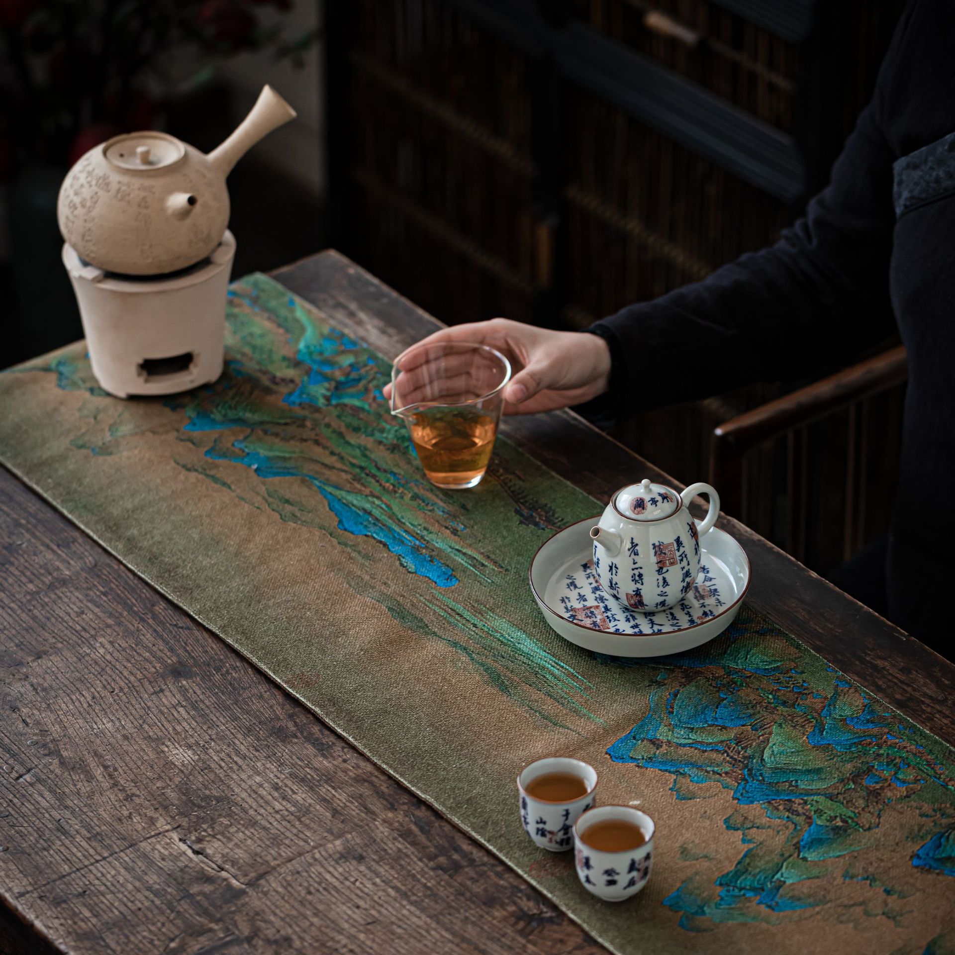 只此青绿千里江山棉麻布茶席桌旗布艺干泡茶台桌布茶盘垫茶道批发
