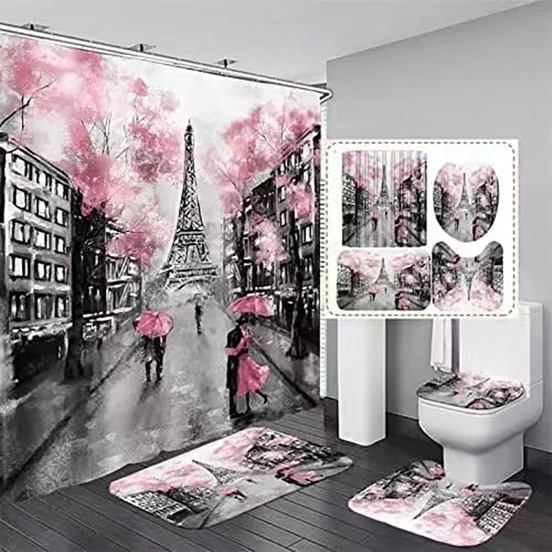 Amazon Waterproof Shower Curtain Polyester Bathroom Shower Curtain Mildew-Proof Geometric Paris Tower Bathroom Curtain Pictures Can Be Used