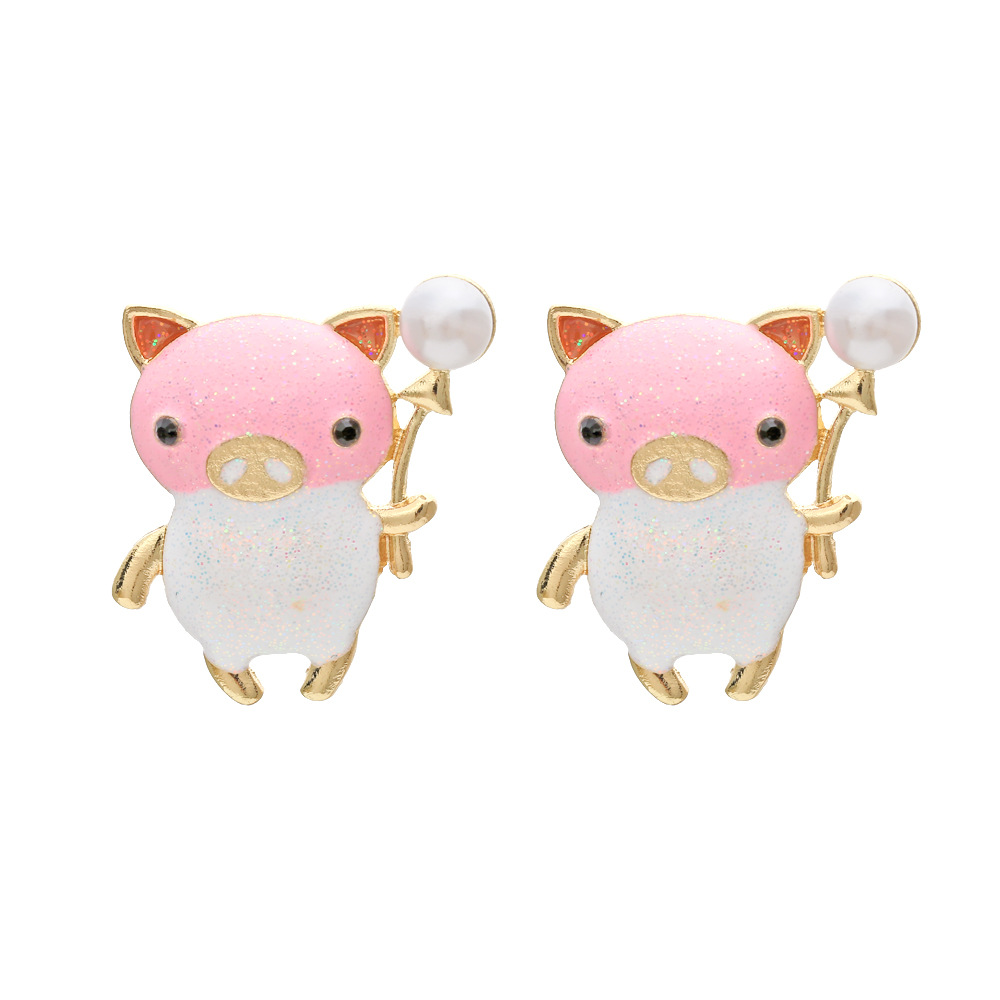 韩国风个性设计感可爱卡通小猪耳钉简约百搭彩釉小动物耳环耳饰女