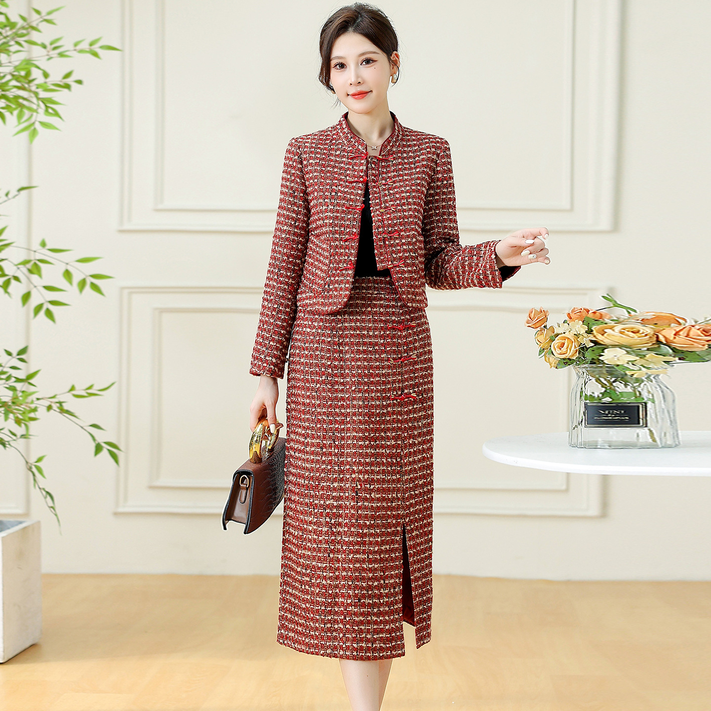 国风套装裙女2025年秋冬新款时尚短款上衣+复古开衩半身裙套装