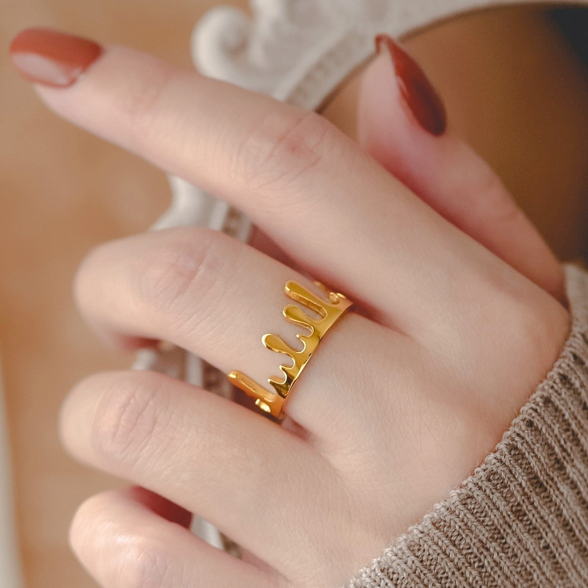 ins冷淡风水滴皇冠戒指女 s925纯银镀金小众轻奢开口可调节指环