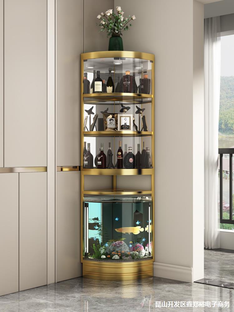 转角玻璃鱼缸酒柜一体展示柜客厅靠墙三角储物轻奢现代不锈钢酒柜