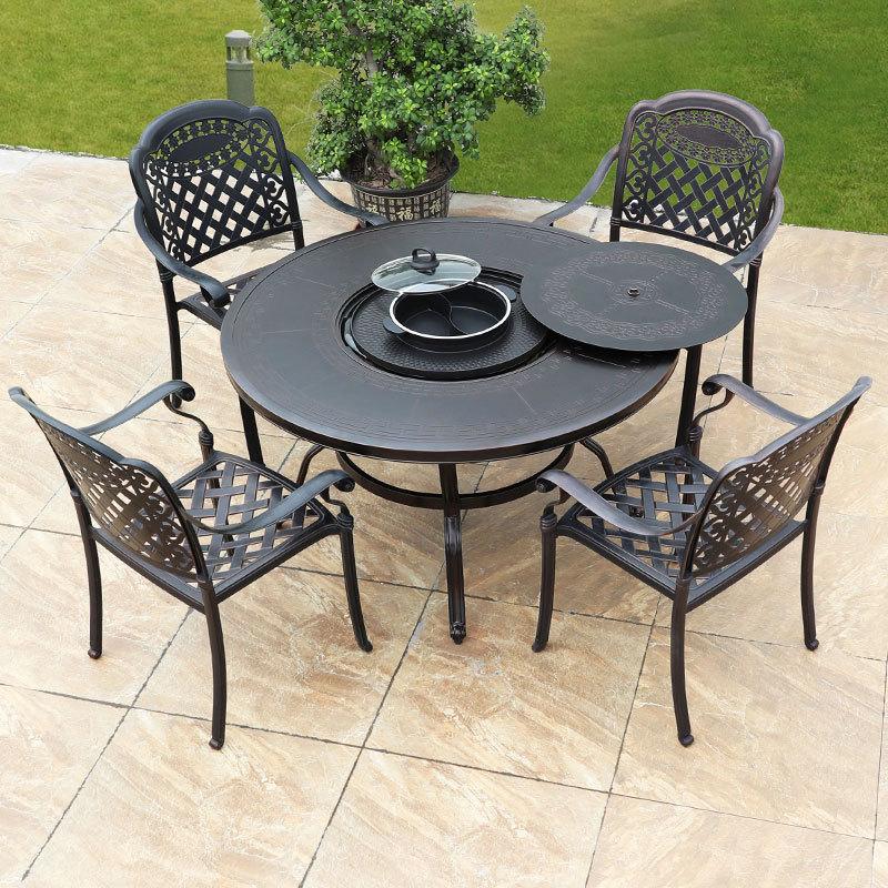 户外烧烤桌烧烤架家用炭烤烤肉桌烧烤炉庭院室外桌椅商用圆形烤台