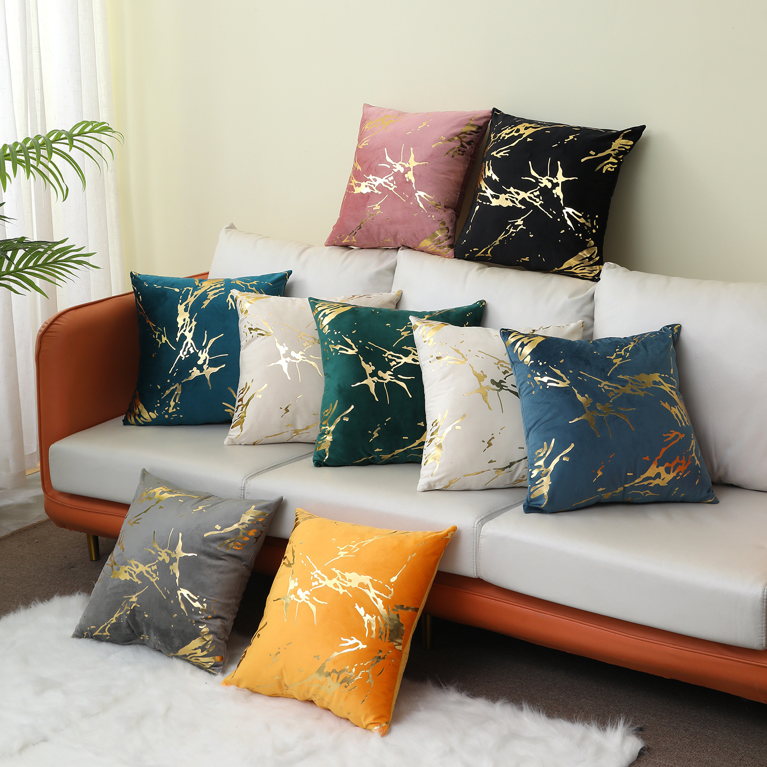 Nordic Style Marbling Gilding Pillow Cover Light Luxury Velvet Pillow Sofa Cushion Bedside Cushion Cushion Case