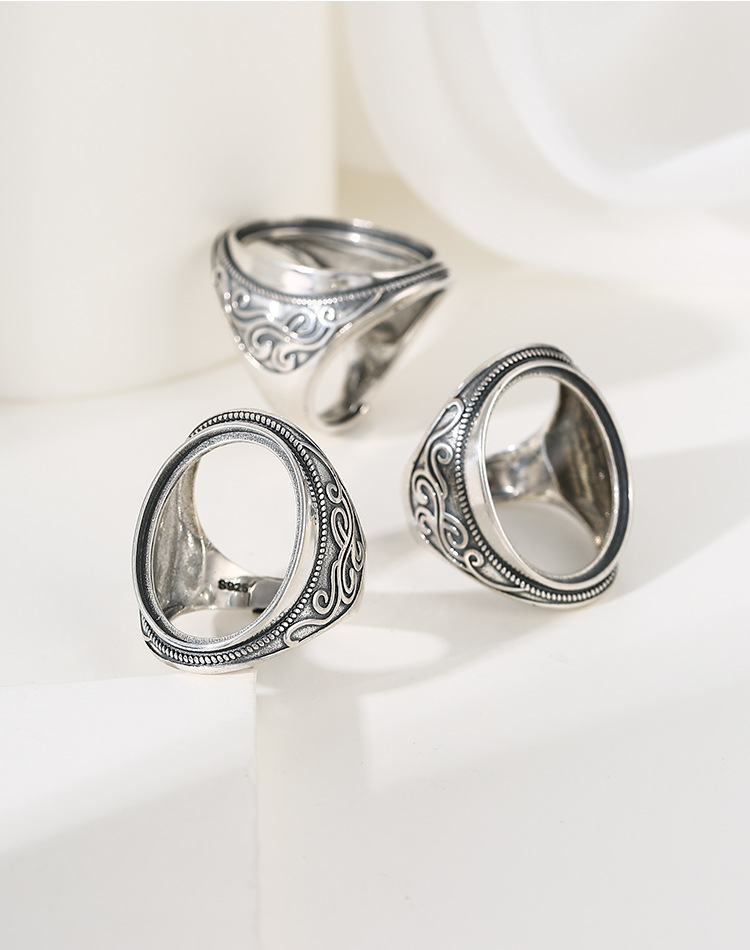 s925银原创复古个性戒指空托 定制镶嵌琥珀戒指托男女式戒托20*25