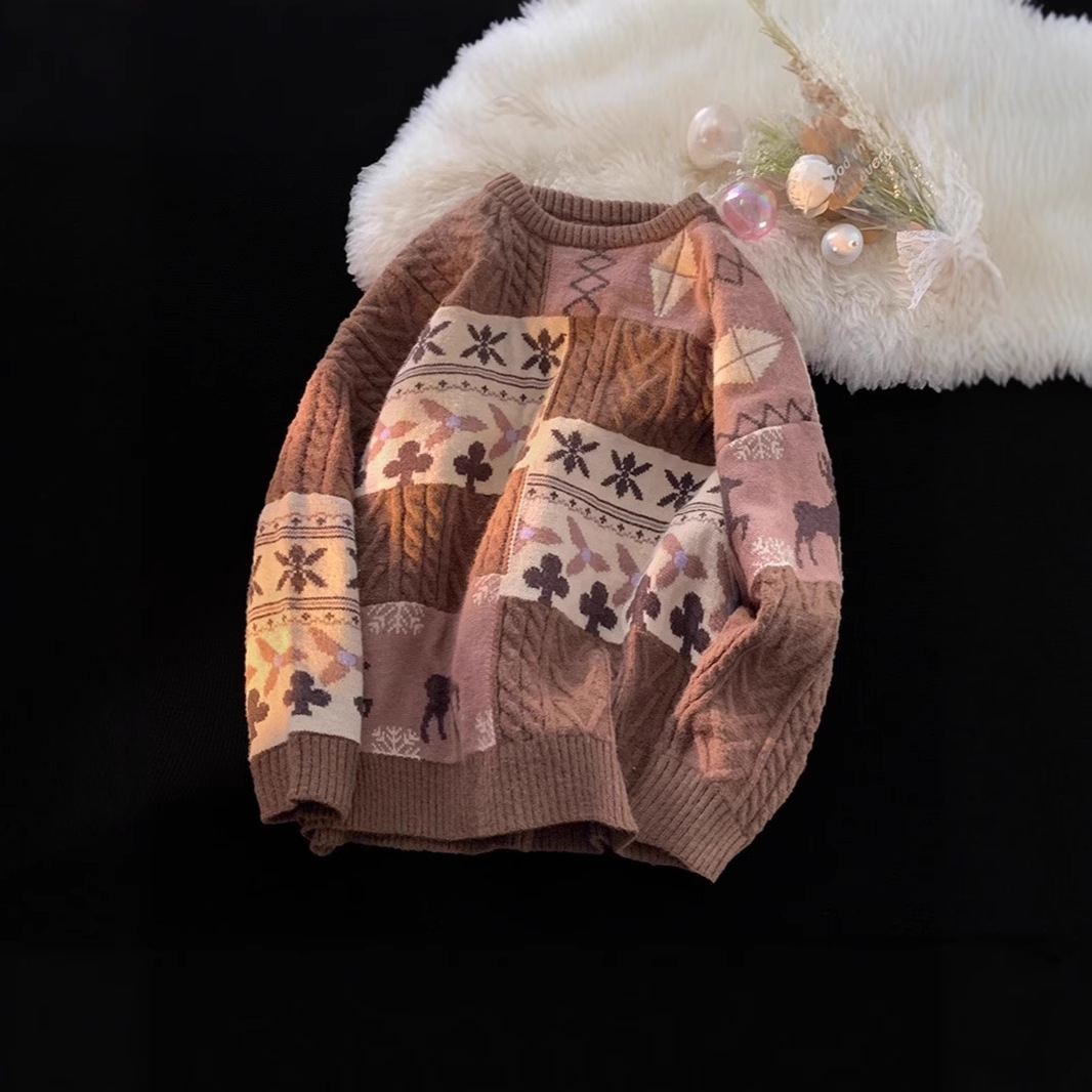 日系复古毛衣冬季宽松外穿上衣潮牌慵懒风圆领套头针织衫圣诞毛衣