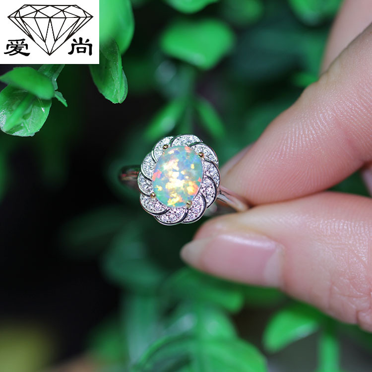 7x9mm冰种欧泊气质变彩火澳宝套装首饰戒指吊坠款白金色