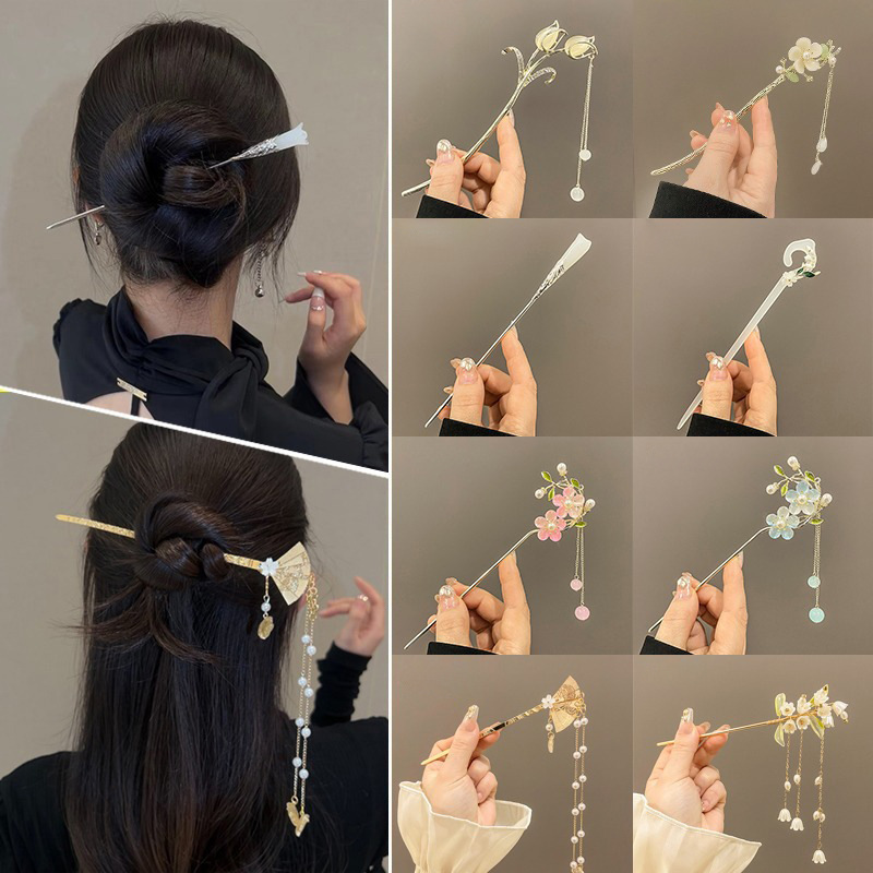 New Chinese Style Antiquity Hair Clasp Wooden Hairpin High-Grade Updo Hair Clasp Hanfu Chinese Style Dangling Ornament Headwear Female Hair Accessories