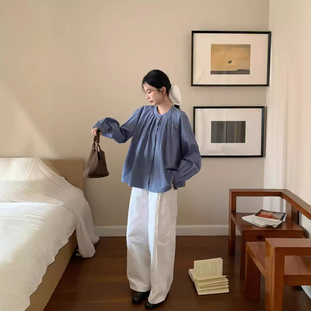 vivis type女装南城2024新款法式圆领压折插肩袖上衣小衫-阿里巴巴