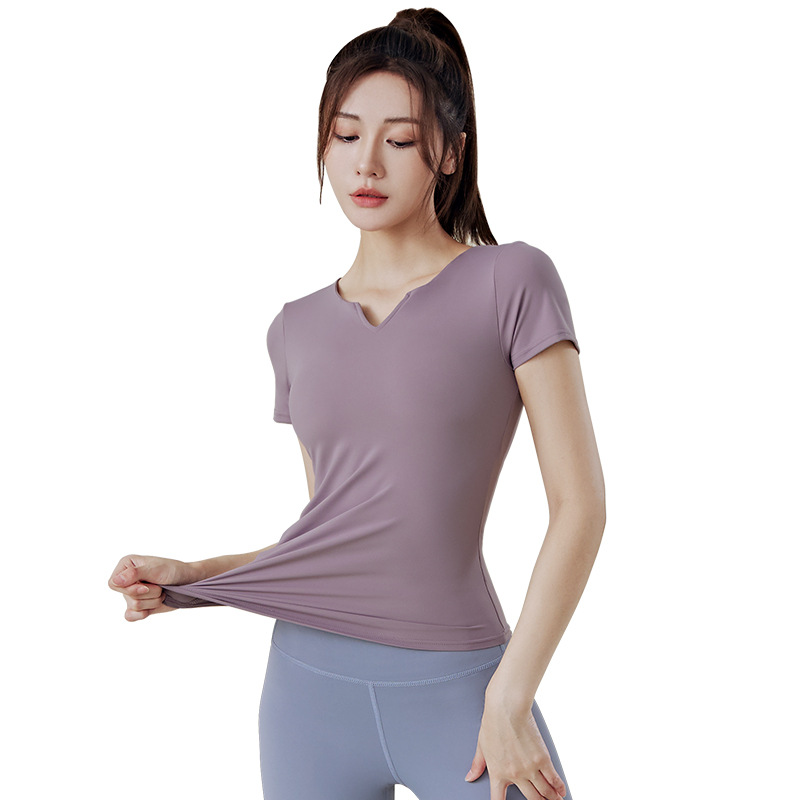 Juyitang Summer V-neck Lightweight Running Fitness Breathable Quick-Drying High Strength Tight Women's Yoga Sports Short Sleeve