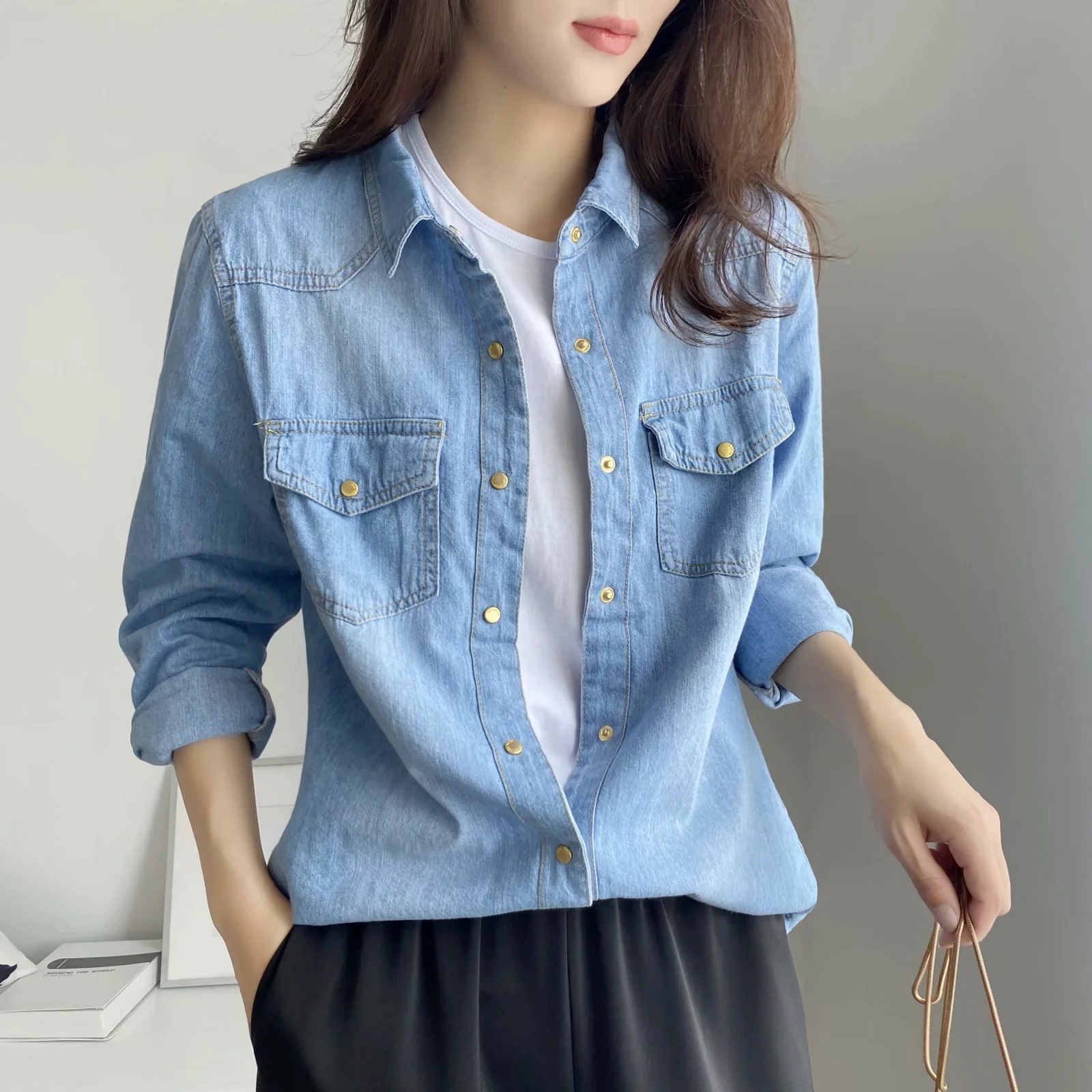 1618 纯色简约修身牛仔衬衫女2021韩版春夏新款休闲长袖衬衣外套
