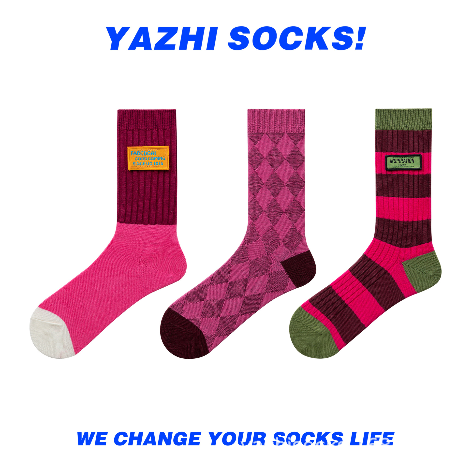 Yazhi Pink Korean Style Middle Tube Cotton Socks Women's Double Needle Patchwork Stripes Rhombus Ask Retro Trendy Niche Women's Socks