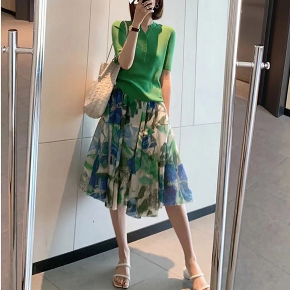 French Style Green Fresh Adult Lady like Woman Dress 2023 New Summer Lightly Mature Women‘s Two-Piece Suit Hong Kong Style