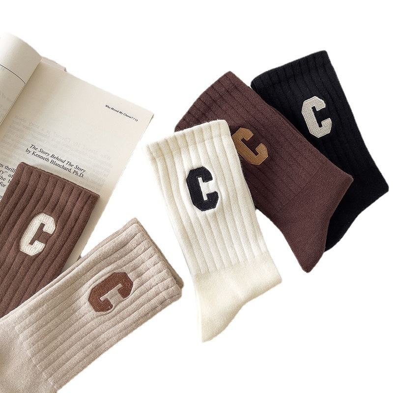 Integrated Mechanism Boneless Suture Japanese Style Embroidery Letter C Mid-Calf Length Solid Color Street Sports Ins Tide Cotton Sock