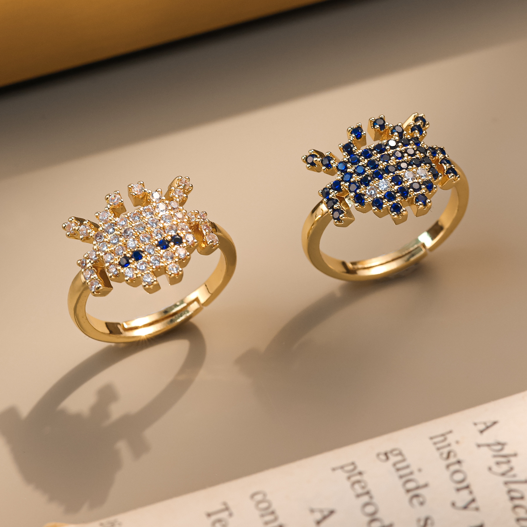 欧美潮流铜镀金镶锆石个性可爱卡通造型戒指时尚几何形活口食指戒