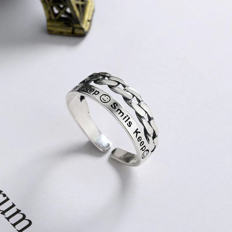 韩版镀银戒指女ins风韩版小众设计素圈指环复古笑脸泰银单戒-阿里巴巴