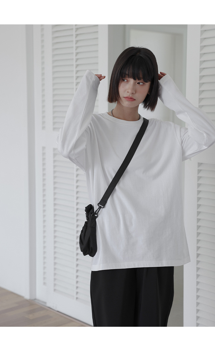 220G Heavy Cotton White Long Sleeve T-shirt Inner Wear Men's and Women's Same Autumn Loose round Neck Solid Color Bottoming Shirt for Women