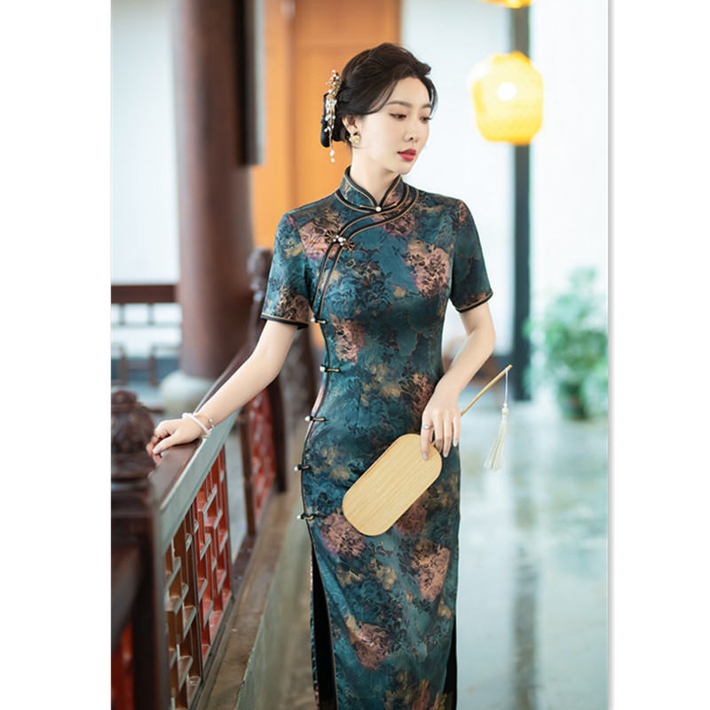 复古国风绸缎提花中长小个子旗袍2024春夏新款中老年女士宴会旗袍