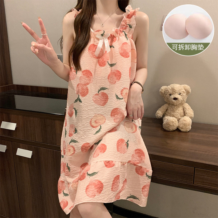 Summer Nightdress Women's New Mid-Length Plaid Pajamas with Chest Pad Sweet Spaghetti-Strap Summer Can Be Outerwear Homewear Thin