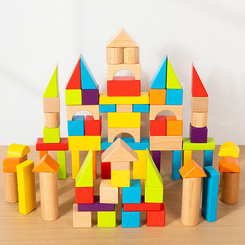 cross-border children‘s 78 colored beech building blocks shape geometric cognitive creative stacking assembling castle educational toys
