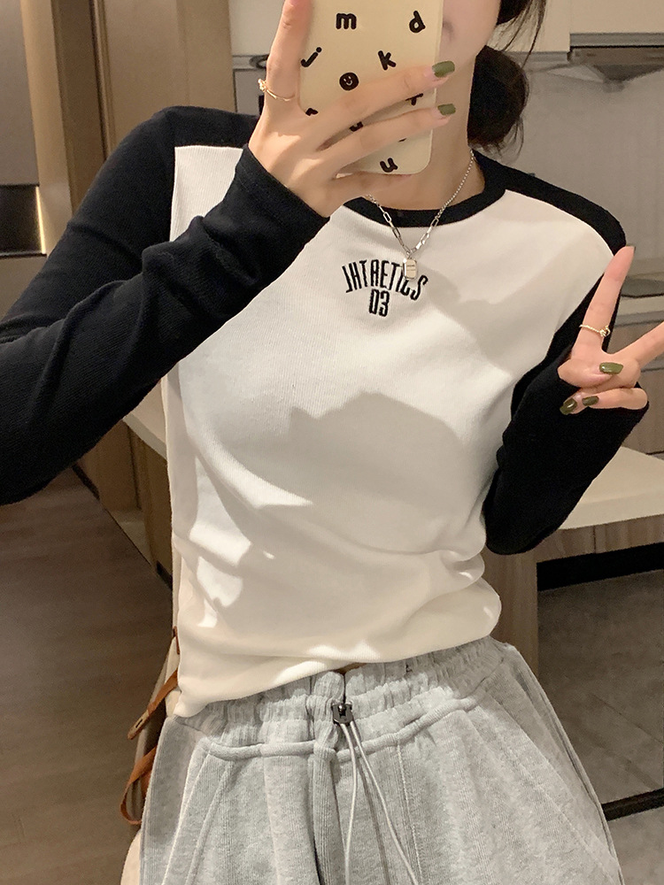 European Goods Letter Printed Shoulder Long-Sleeved T-shirt Female 2023 Spring New Patchwork Slim Fit Inner Wear Short Top Ins