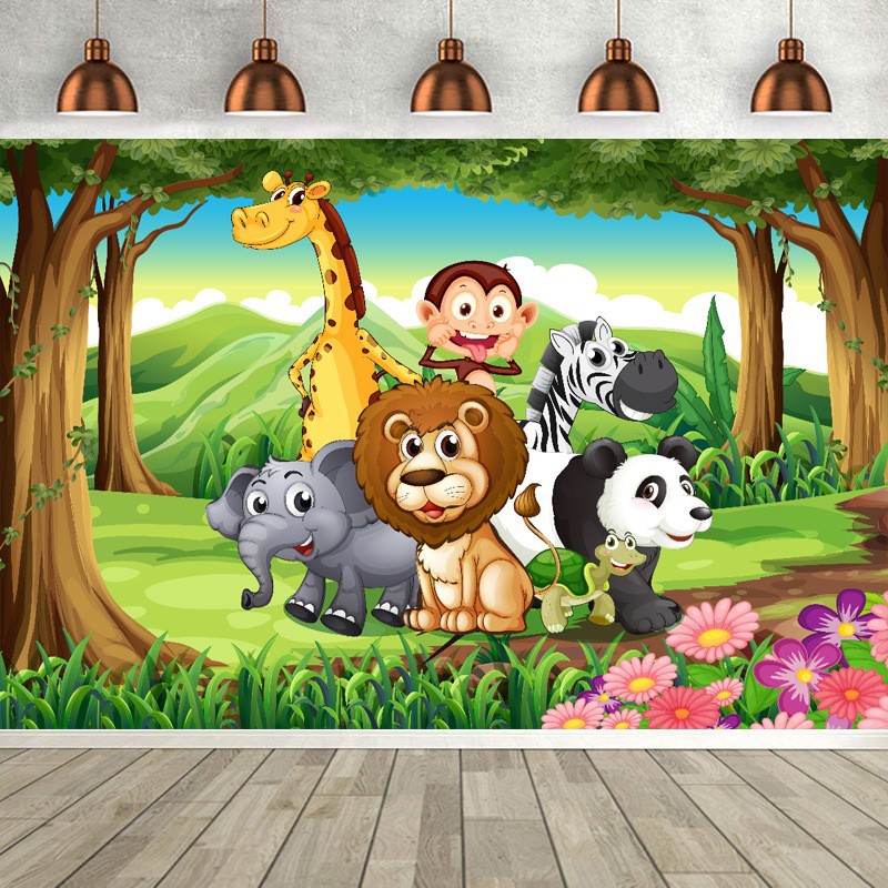 跨境儿童生日背景布 3d卡通森林动物幕布 派对摄影背景布道具批发