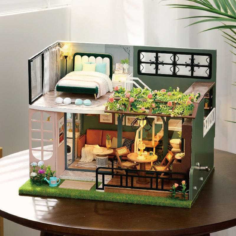 Cute Room DIY Cottage Small Half Garden Loft Structure Design Handmade Toy House Miniature Landscape