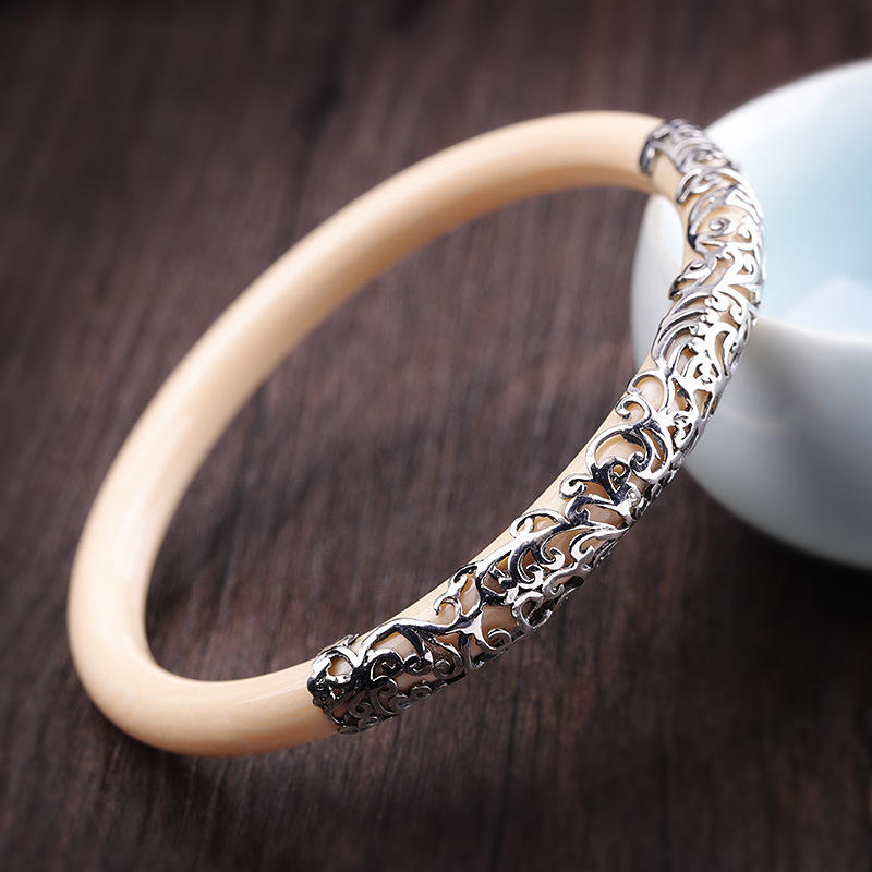 s925女纯银手镯复古手工镶嵌浮雕个性象牙果古风银镯子手环批发