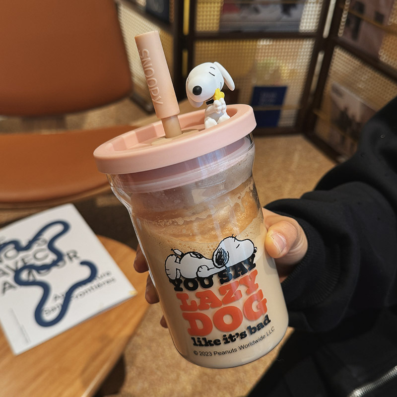 Snoopy High Borosilicate Glasses Girl Good-looking Cute Straw Cup Student Milk Scaled Cup Coffee Cup