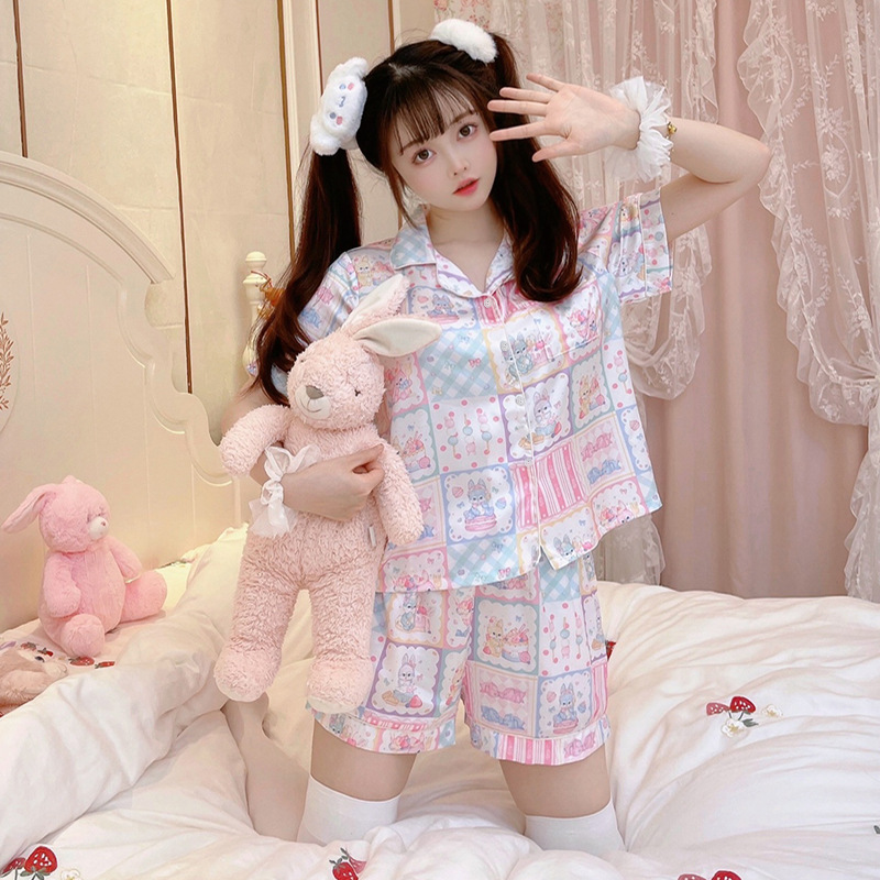 夏季新款睡衣女生五分袖学生可爱印花兔子休闲可外穿家居服套装代