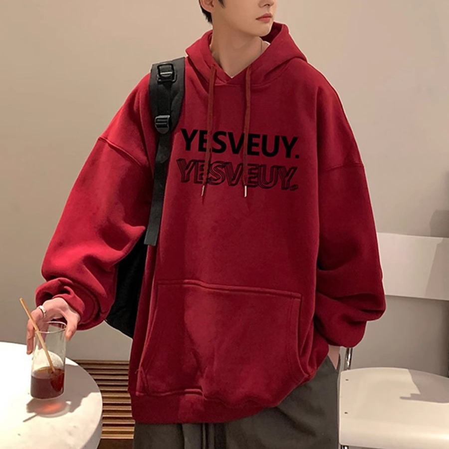 美式古着vintage卫衣男酒红色重磅情侣连帽衫西海岸oversize外套