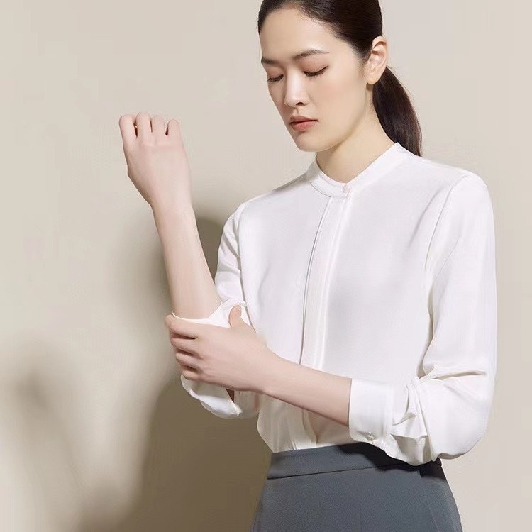 春夏新款 6a桑蚕丝30姆米重绉真丝衬衣立领长袖白衬衫-阿里巴巴