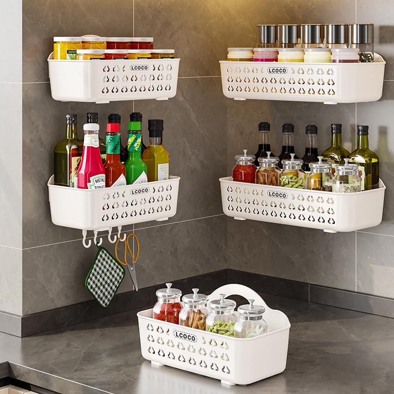 Kitchen Rack Wall-Mounted Punch-Free Large Large Capacity Washstand Seasoning Storage Basket Hollow out