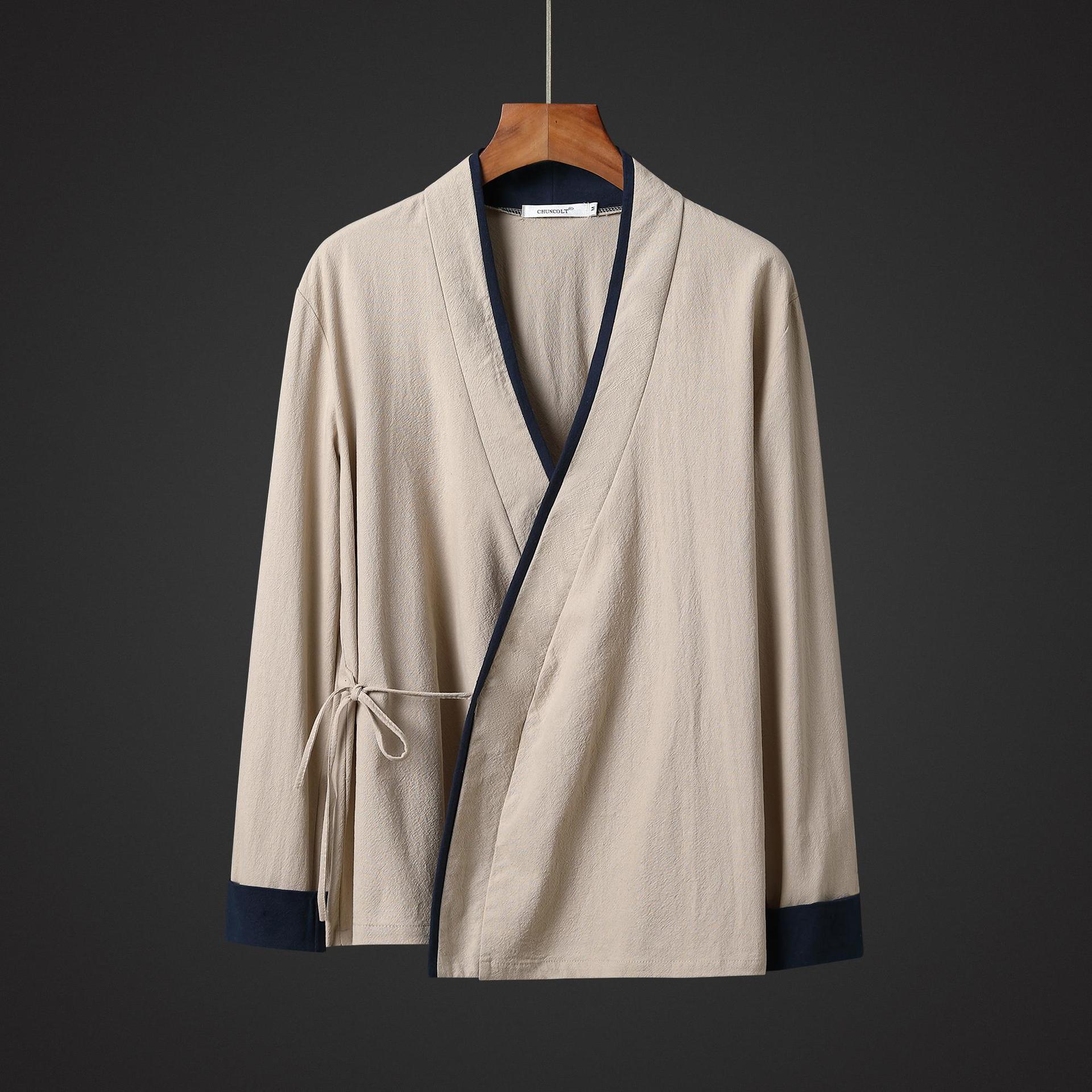 中国风棉麻长袖衬衫男春秋新款寺庙和尚服潮流汉服复古道袍居士服