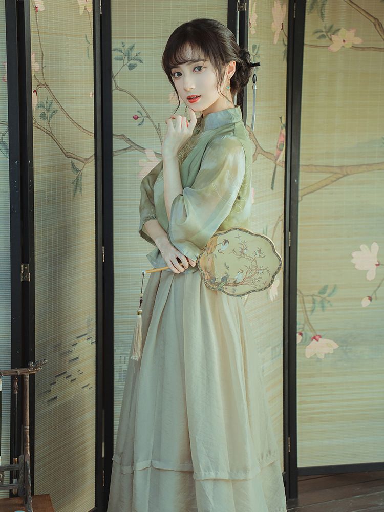 Original New Green Rose New Chinese Style Zen Tea Gown Fairy Girl Cheongsam Two-Piece Skirt Improved Hanfu Summer